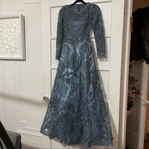None Dresses & Skirts - Slate Rusty Blue Gown Silver Beading & Lace Embroidered Design